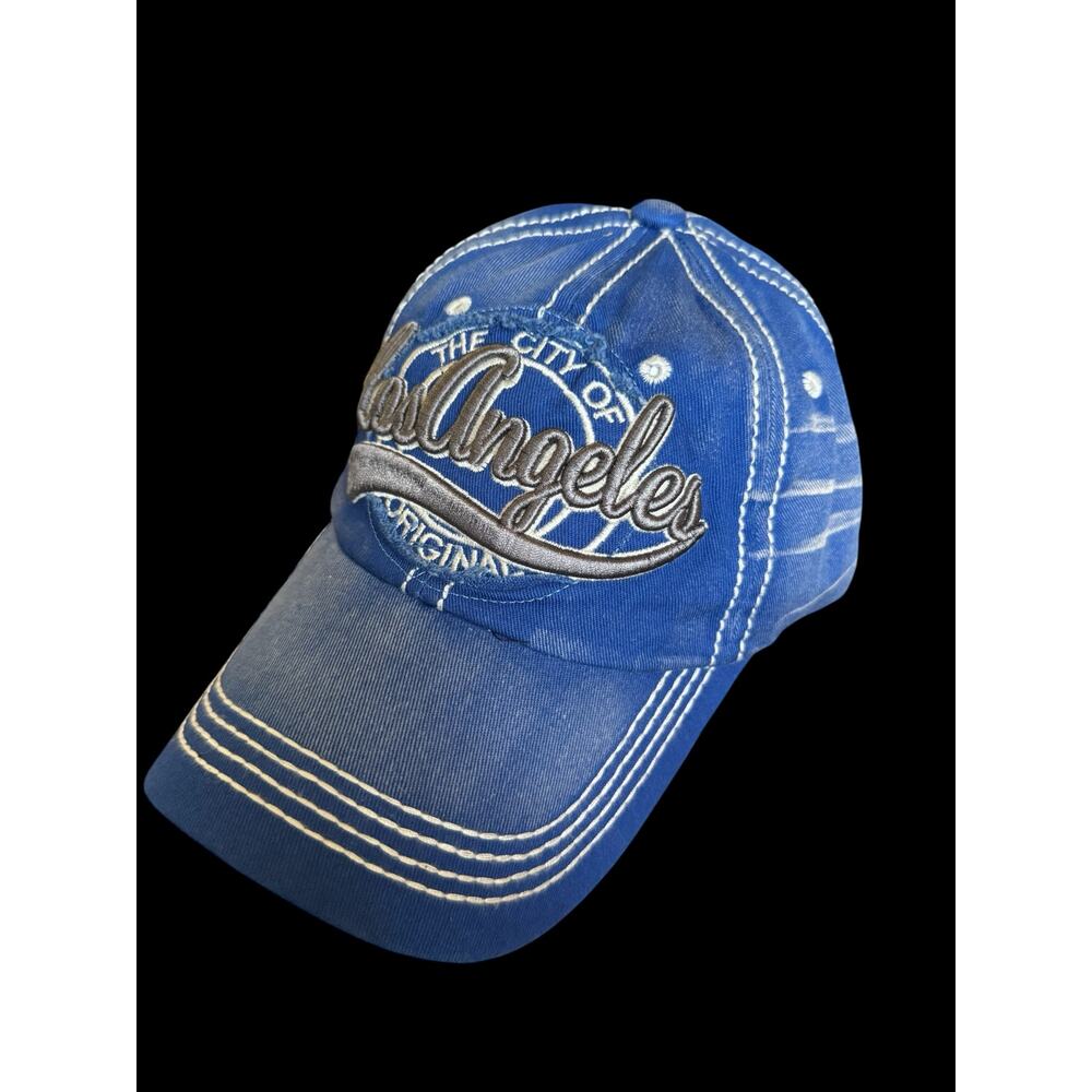 New Aslan Los Angeles Graphic embroidered Distressed Blue Stitched Hat A8